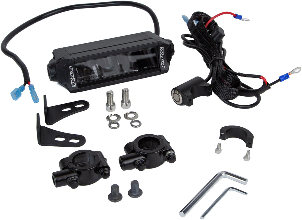 XK Glow Motorcycle Headlight Kit with 7/8" handlebars, illumination system, featuring black and metal components.