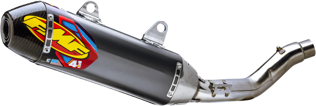 FMF Racing aluminum exhaust slip-on with carbon cap for Honda 79-041610, featuring a sleek silver finish and mounting hardware