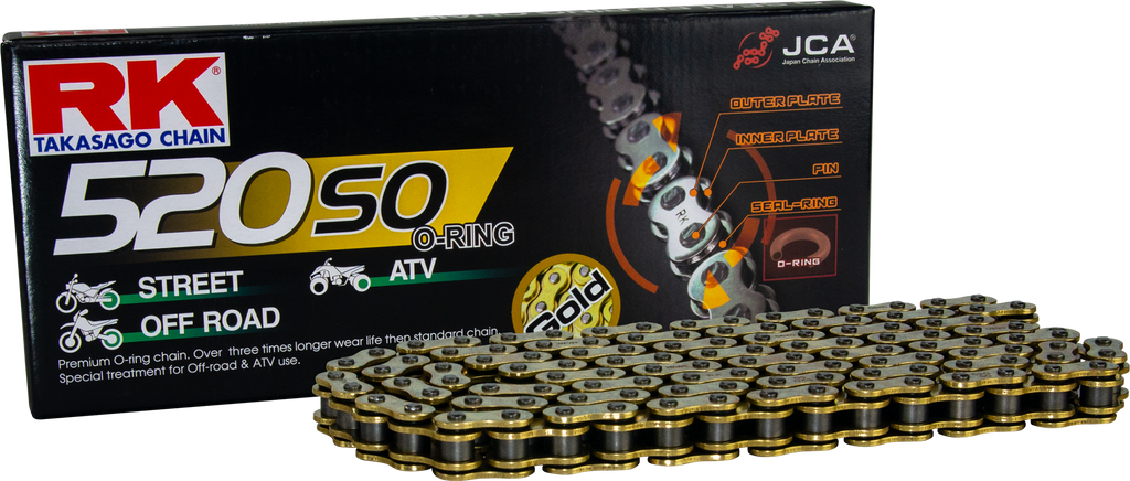 Excel Wheel Components Gb520so drive chain in gold, 520 x 84, featuring links and sprockets, for bicycle or motorcycle use.