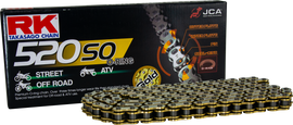 Excel Wheel Components Gb520so drive chain in gold, 520 x 84, featuring links and sprockets, for bicycle or motorcycle use.
