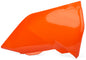 Polisport Plastics orange airbox cover for motorcycle, body part, with vent openings and logo details.