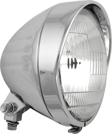 HardDrive 5.75-inch chrome headlight bottom mount with grooved design and visor for motorcycle illumination.