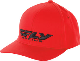 Fly Racing youth Fly Podium hat in red, featuring a curved brim and adjustable strap, shown on a mannequin head.