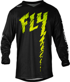 Fly Racing Youth F-16 jersey in black, neon green, and light grey, featuring breathable fabric and sporty design for young riders.
