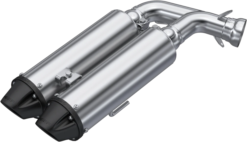 MBRP Exhaust dual slip-on system with black tips and 4-inch performance muffler for enhanced vehicle exhaust performance.