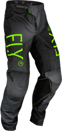 Fly Racing Youth Kinetic Prodigy Pants in Charcoal, Neon Green, and True Blue, size 26, featuring durable motocross gear design.