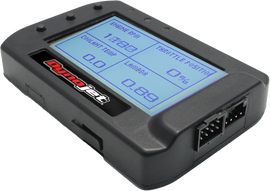 Dynojet Research Power Commander Pod-300 digital display for engine management, showing controls and screen interface.