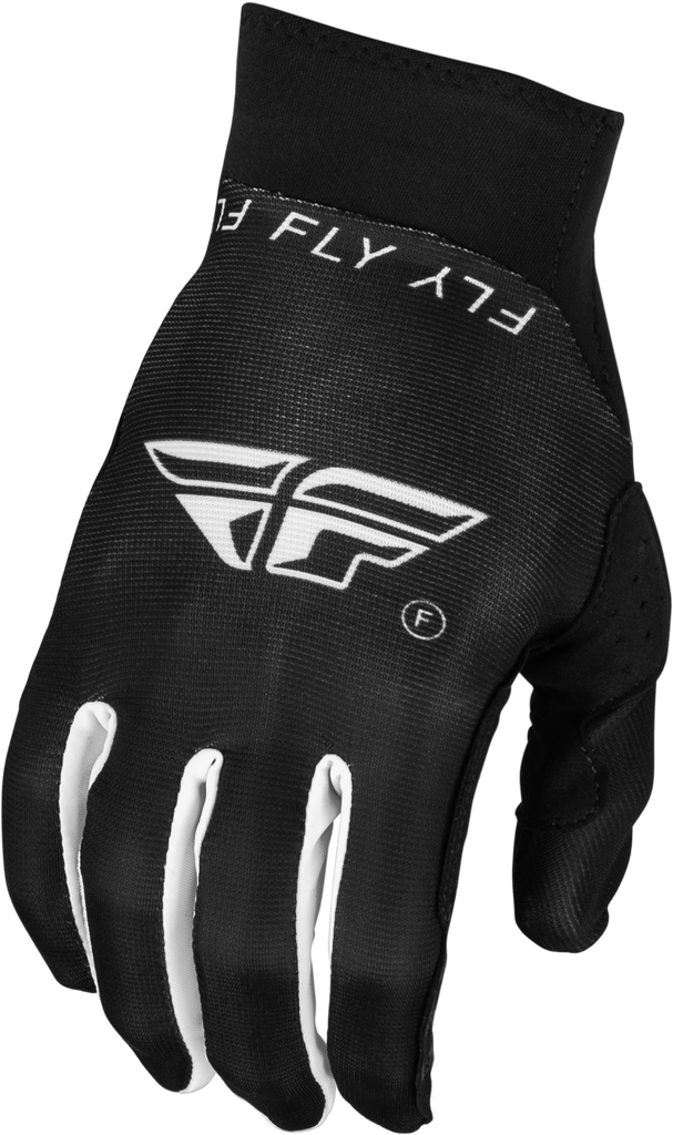 Fly Racing Pro Lite gloves in black and white, featuring lightweight design and textured palms for enhanced grip.