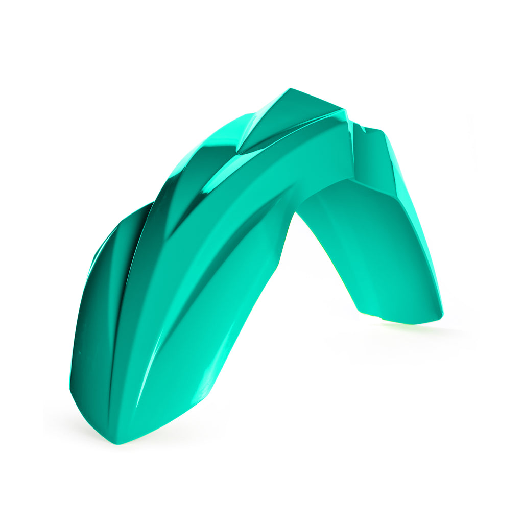Acerbis teal front fender for motorcycle, showcasing its curved shape and vibrant teal color with mounting holes visible.