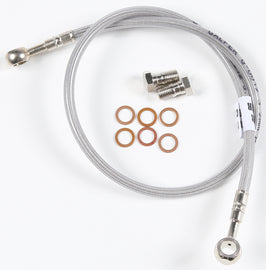 GALFER rear brake line for TRX 250R, long version, showcasing the durable braided design and fittings on the brake system.