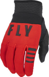 Fly Racing F-16 gloves in red and black, featuring protective padding and adjustable straps for motocross or dirt bike riding.