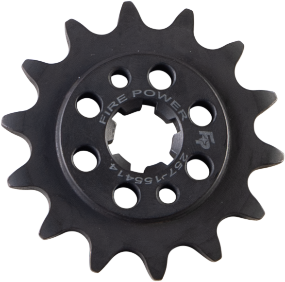 Steel Fire Power 14-tooth front CS sprocket for off-road bikes, featuring durable construction and precise gear teeth.