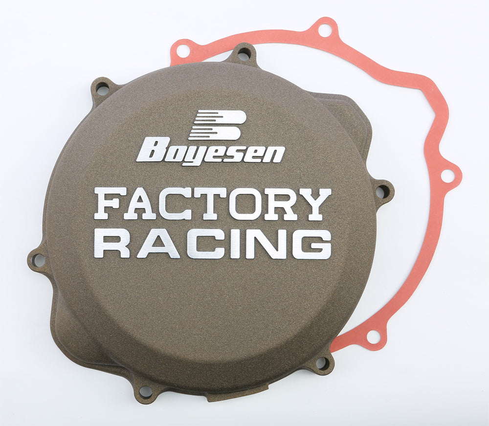 Boyesen Factory Racing Clutch Cover Magnesium for motorcycles, showcasing the lightweight, durable clutch cover with brand logo.