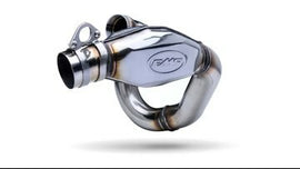 FMF Racing Megabomb stainless steel exhaust header for KTM and Husqvarna motorcycles, featuring a sleek design and polished finish.