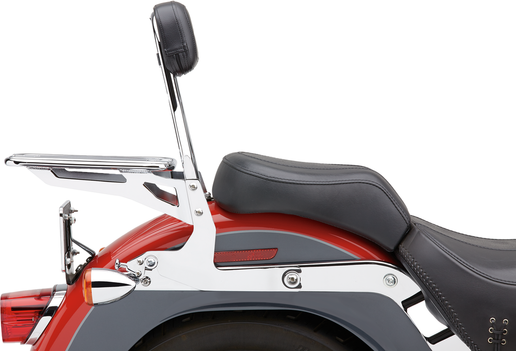 Cobra detachable backrest with round chrome body mount for Softail 2007-2017, part number 82-96533, shown on a motorcycle seat.