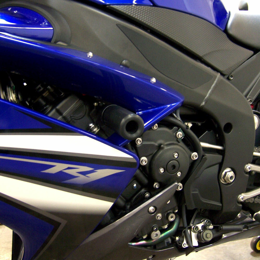 Black Shogun Industries Frame Sliders for motorcycle body protection, featuring durable mounting and sleek design.