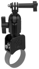 Black Scosche camera and GoPro mount clamp for secure attachment to various surfaces, compatible with action cameras.