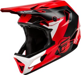 Fly Racing Youth Rayce bicycle helmet in red, black, and white, featuring a sleek aerodynamic design and adjustable straps.