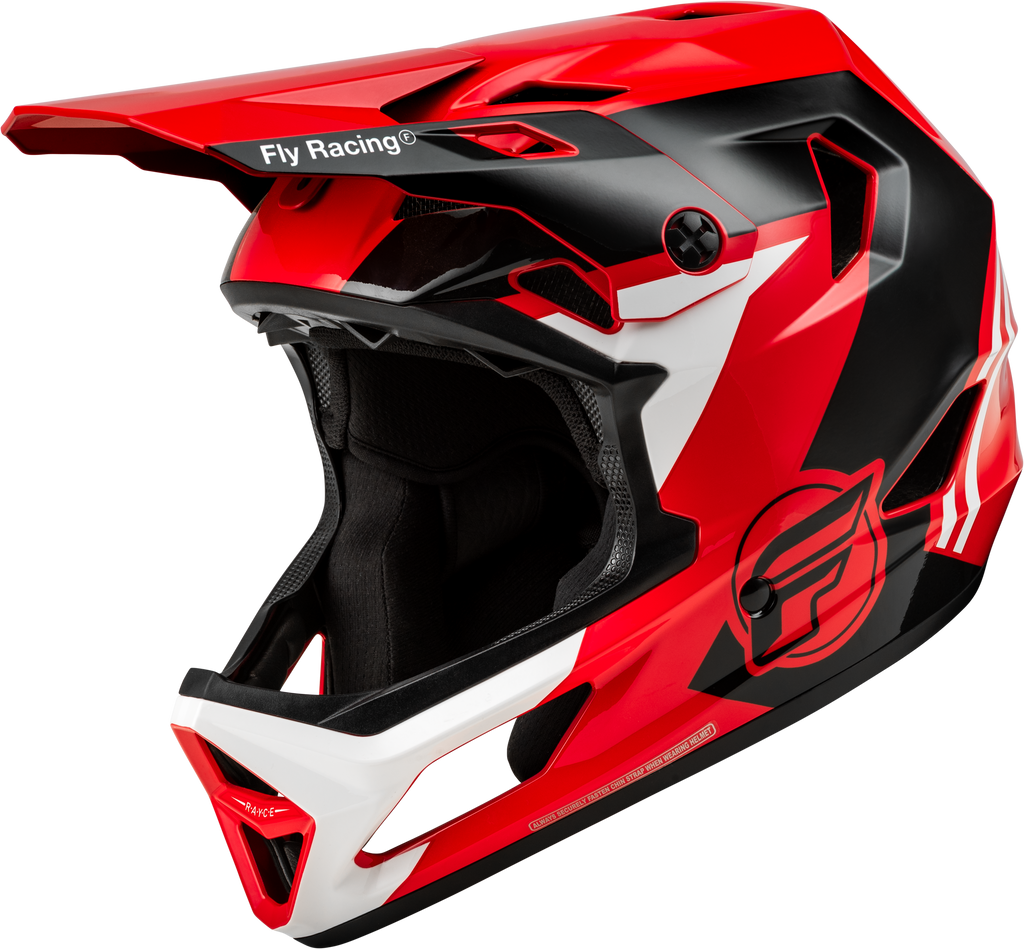 Fly Racing Rayce bicycle helmet in red, black, and white, shown from the front with ventilation openings and adjustable straps.