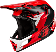 Load image into Gallery viewer, Fly Racing Rayce bicycle helmet in red, black, and white, shown from the front with ventilation openings and adjustable straps.