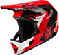 Fly Racing youth Rayce bicycle helmet in red, black, and white, featuring adjustable straps and ventilation for kids' cycling safety.