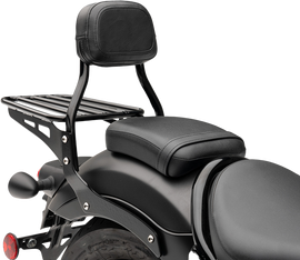 Black Cobra Mini Round Sissy Bar with padded seat for Honda Rebel 300/500 motorcycle, body-mounted style, part number 82-97437.