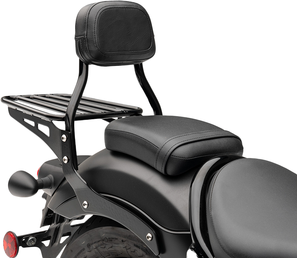 Black Cobra Mini Round Sissy Bar with padded seat for Rebel 300/500 motorcycle, mounted on the bike's rear.