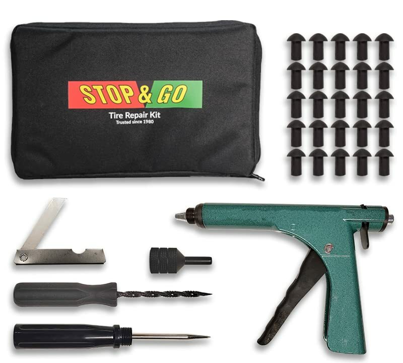 Stop & Go International tire plugger kit with tools, including plug tools and a compact carrying case, for quick tire repairs.