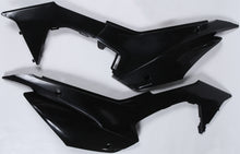 Load image into Gallery viewer, Black Polisport Plastics side panels for motorcycle body, model 64-6103, shown installed on the bike.