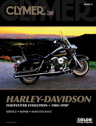 Clymer Harley Flt/Fxr repair manual cover featuring detailed illustrations and tool diagrams for motorcycle maintenance.
