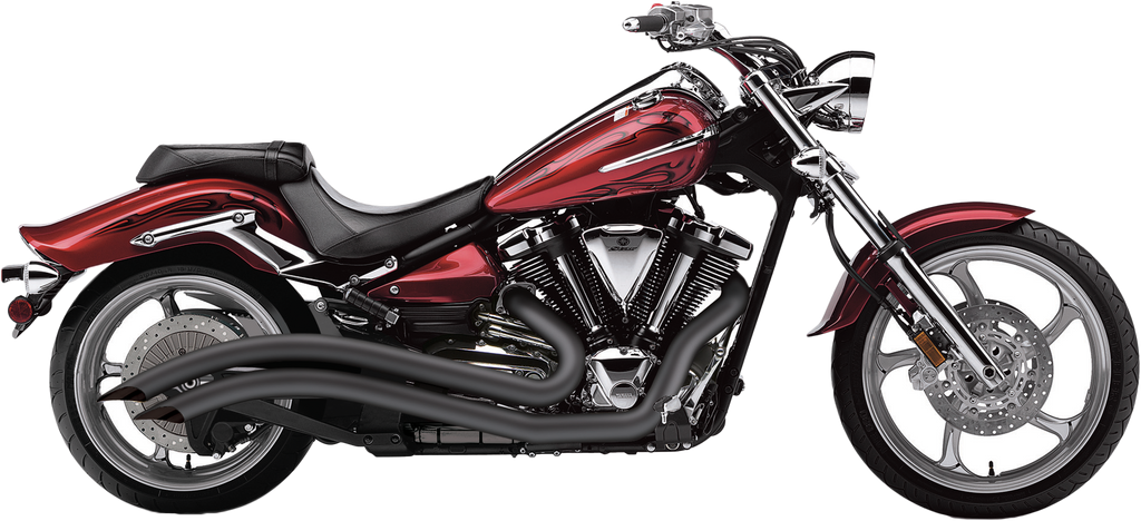 Cobra Speedster Swept F/S exhaust in black for Yamaha Raider 2008-2018, front and side view showing sleek motorcycle exhaust system