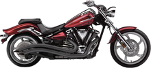 Load image into Gallery viewer, Cobra Speedster Swept F/S exhaust in black for Yamaha Raider 2008-2018, front and side view showing sleek motorcycle exhaust system