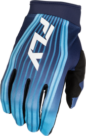 Fly Racing Youth F-16 Lift Gloves in aqua, navy, and white, with padded palms and adjustable straps for a secure fit.