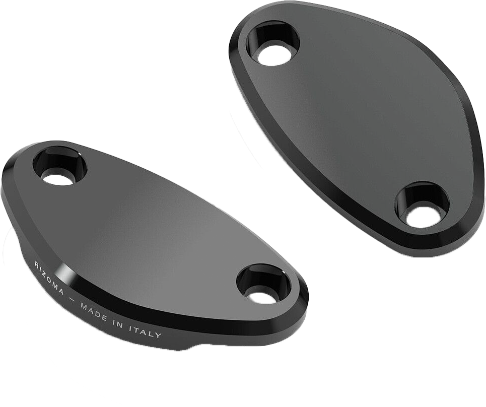 Pair of black RIZOMA Mirror Block Off Plates for Kawasaki 58-BS533B motorcycle accessories, designed to cover mirror mounts.