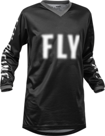 Fly Racing Youth F-16 Jersey in black and white, featuring athletic design and lightweight fabric for motocross riding.