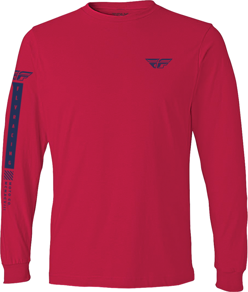 Fly Racing Fly Tribe long sleeve tee in red and blue, size medium, featuring bold tribal design on soft fabric.