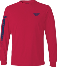 Fly Racing Fly Tribe long sleeve tee in red and blue, size medium, featuring bold tribal design on soft fabric.