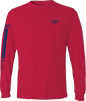 Fly Racing Fly Tribe long sleeve tee in red and blue, size medium, featuring bold tribal design on soft fabric.