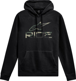 Alpine Star Ride Camo Hoodie V3 in black, large size, featuring a camouflage design and hood, made for casual and outdoor wear.