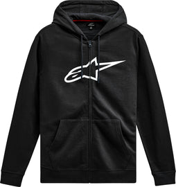Alpine Star Ageless Zip Hoodie V3 in black and white, front view showing zipper and hoodie details.
