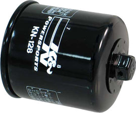 K&N Oil Filter 56-0128 showing a close-up of the cylindrical filter with brand logo and metal threading for automotive use
