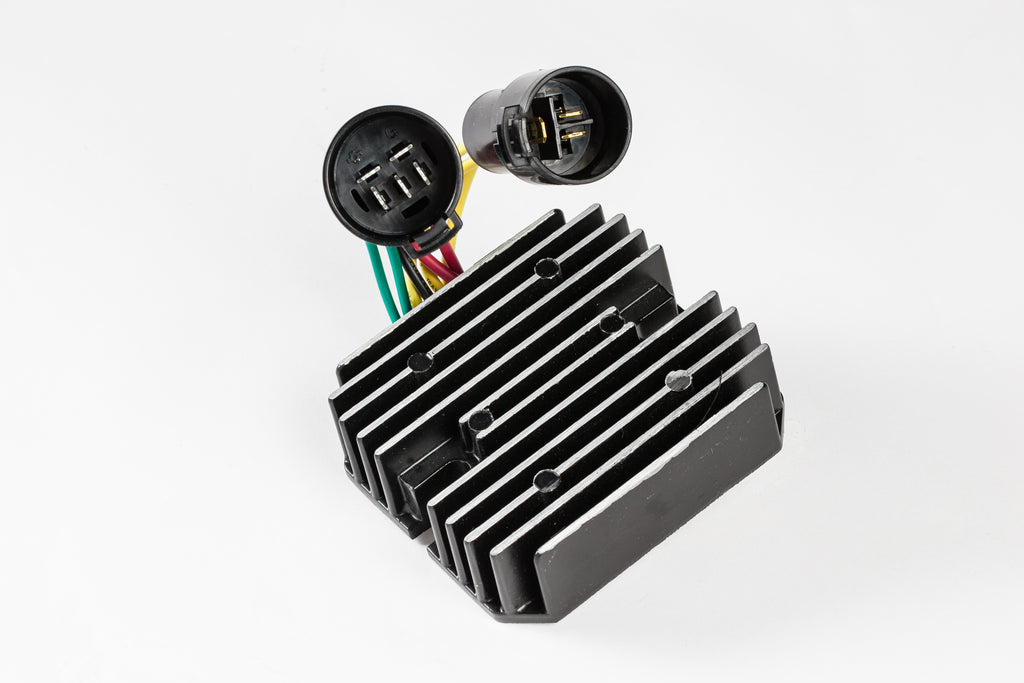 Ricks Motorsport Electric rectifier and regulator for motorcycle electrical systems, with metal fins and wiring connectors visible.