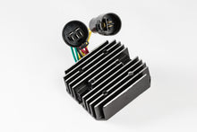 Load image into Gallery viewer, Ricks Motorsport Electric rectifier and regulator for motorcycle electrical systems, with metal fins and wiring connectors visible.