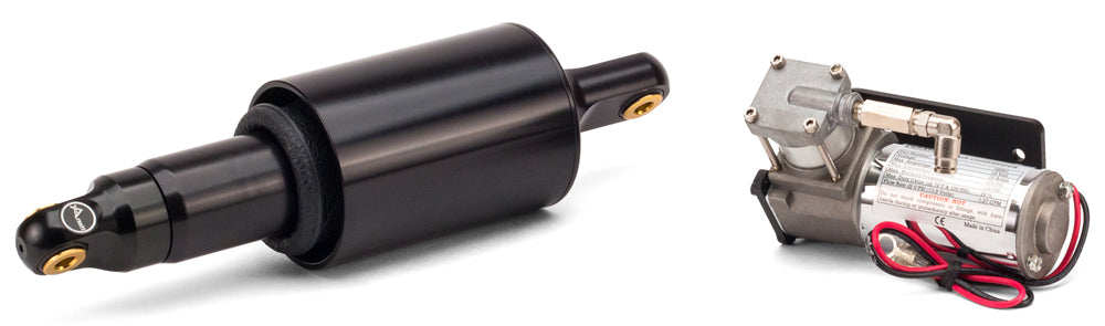 Arnott Air Shocks Ultimate Ride for Indian Touring motorcycle, suspension component with black air shock and mounting hardware.