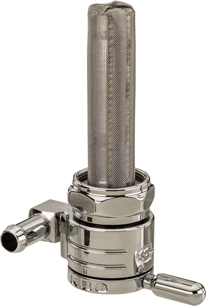 Golan Inc 22mm chrome petcock with 5/16 inch hose fitting for fuel system, showing the forward-mounted design and polished finish.