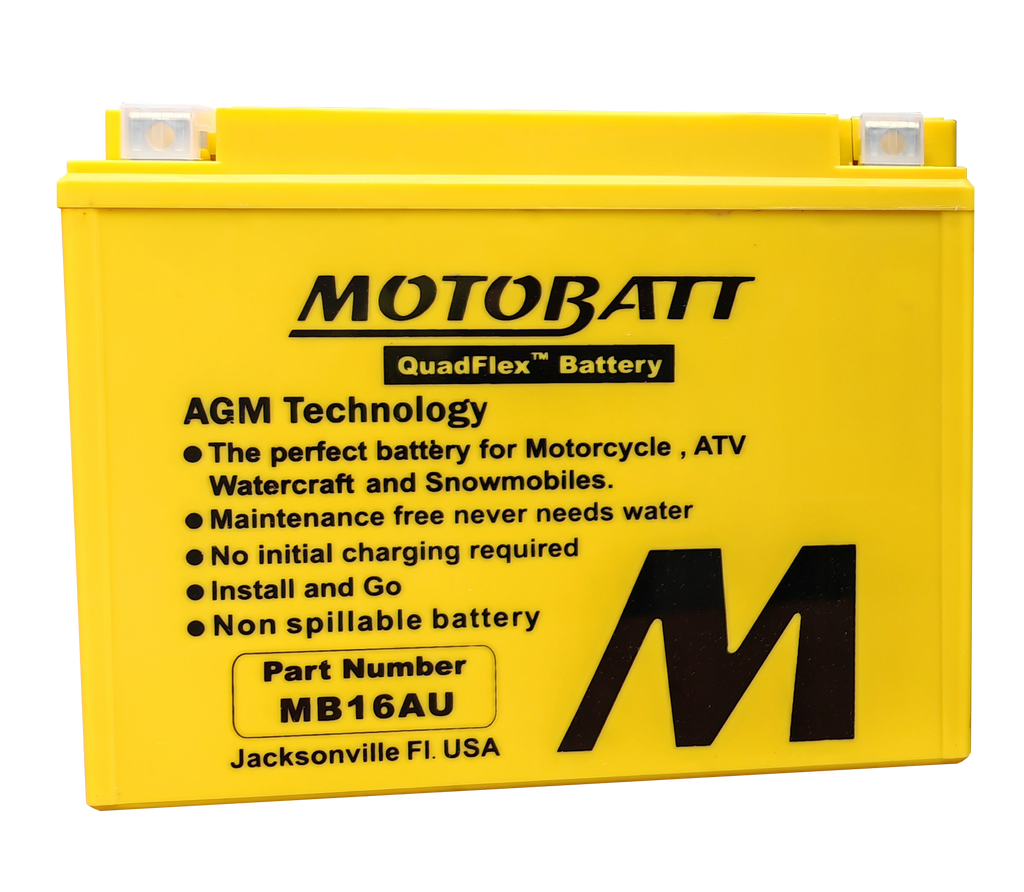 Motobatt MB16AU sealed factory-activated motorcycle battery with positive and negative terminals visible