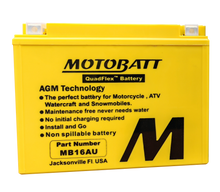 Load image into Gallery viewer, Motobatt MB16AU sealed factory-activated motorcycle battery with positive and negative terminals visible
