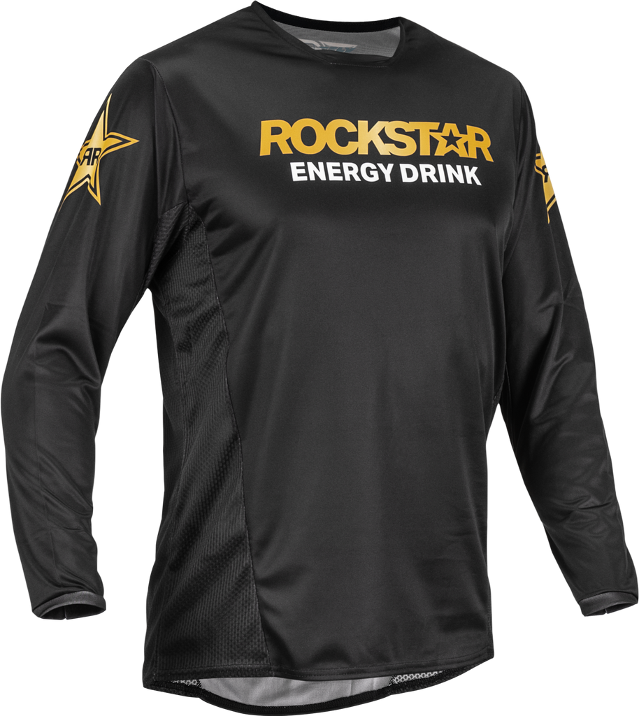Fly Racing Kinetic Rockstar motocross jersey in black and gold, medium size, featuring bold graphics and breathable fabric.