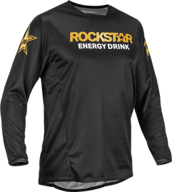 Fly Racing Kinetic Rockstar motocross jersey in black and gold, size large, featuring bold design and lightweight fabric.