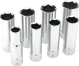Performance Tool 8-piece 1/2-inch SAE socket set with deep sockets, ideal for automotive and mechanical repairs.